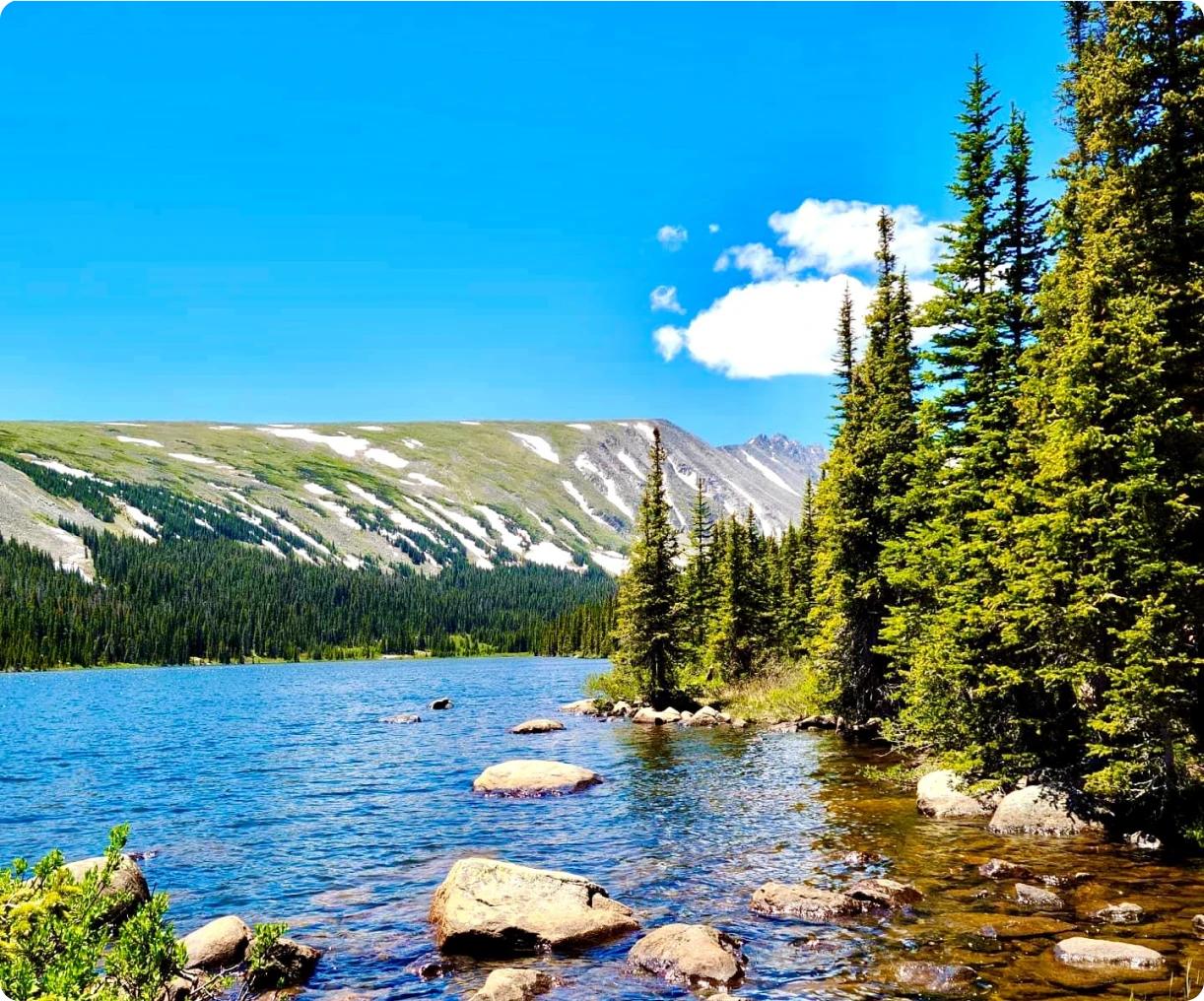 Mountain lake with trees and clear sky.